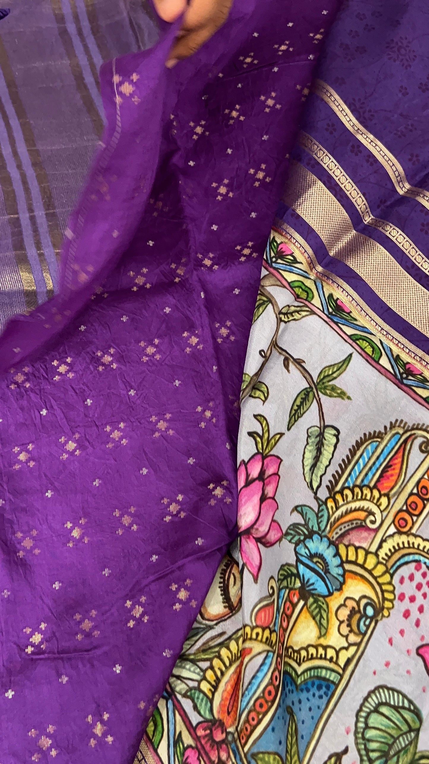 Kalamkari Printed Semi Mysore Silk Saree Grey-AP16