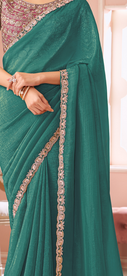 Designer Rama Blue X Pink Georgette Saree