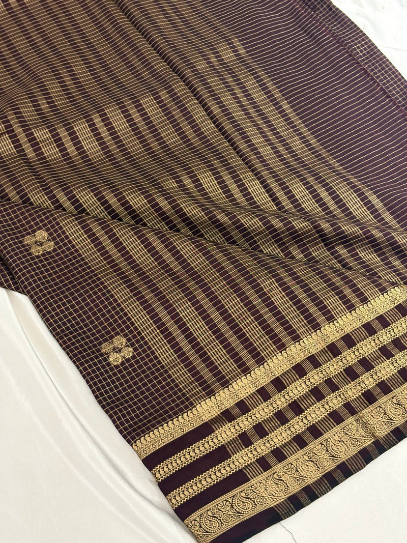 Brown Semi Mysore Silk Checks Saree with Butta - AU13