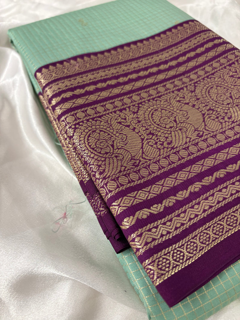 JU18 - Pista X Purple Checks Semi Silk Saree