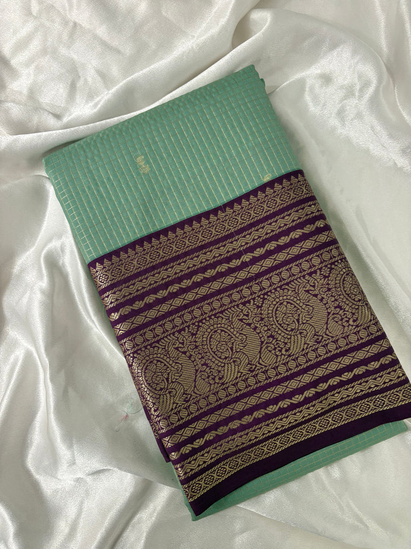 JU18 - Pista X Purple Checks Semi Silk Saree