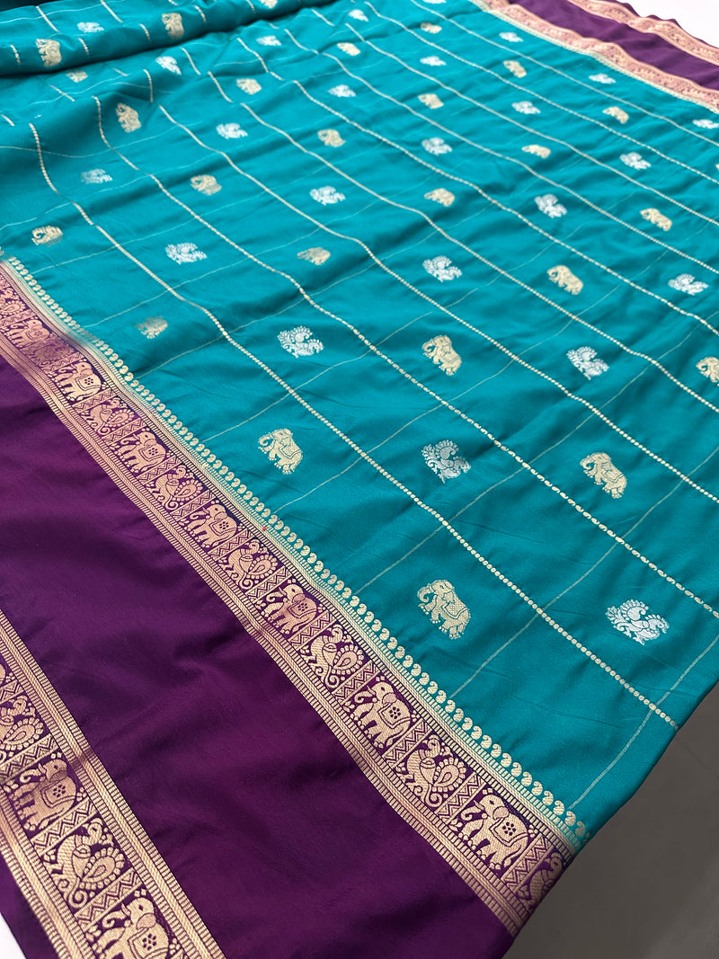 Premium Semi Mysore Silk sarees with silver and gold weavings and contrast blouse piece🌹-AU9