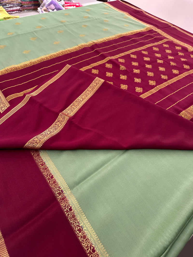 Pista Green x Maroon 120 GSM Mysore Crepe Silk Saree - AU8