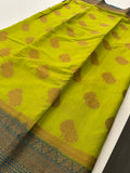 Leaf Green x Blue Tussar Cotton Saree with Double Leaf Butta All Over JU24