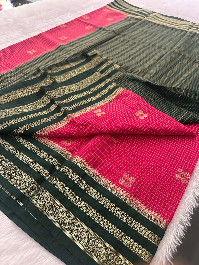 Semi Crepe Checks Saree - Pink x Green AU25
