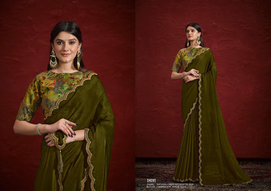 Leaf green designer crinkle saree-DC16