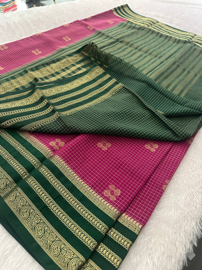 Semi Crepe Checks Saree - Magenta x Green AU25