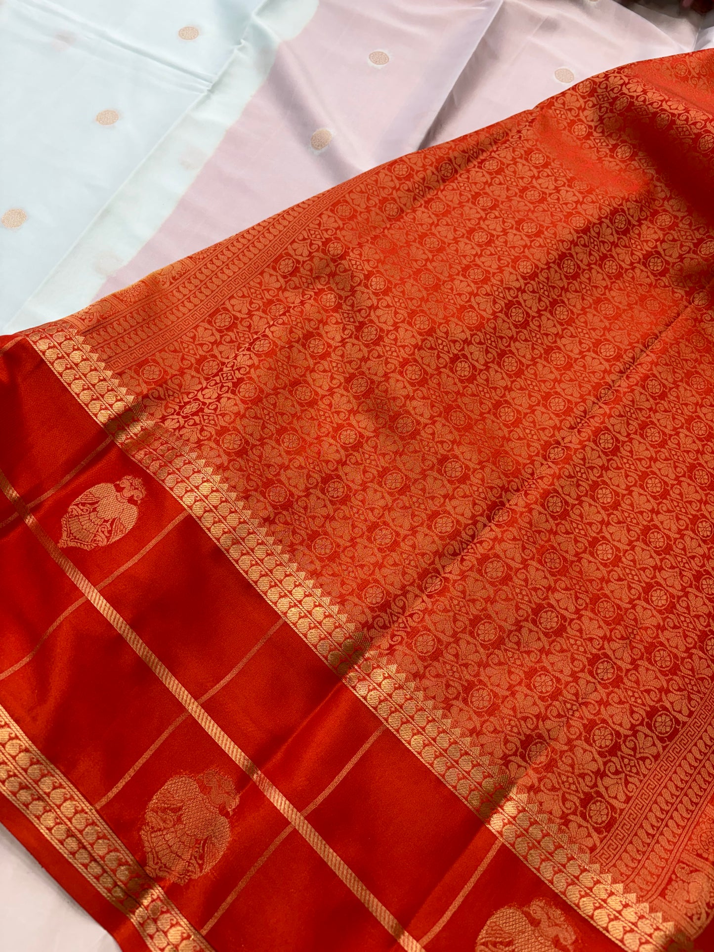 Light Blue X Orange Premium Semi Mysore Crape Silk Saree- JU16