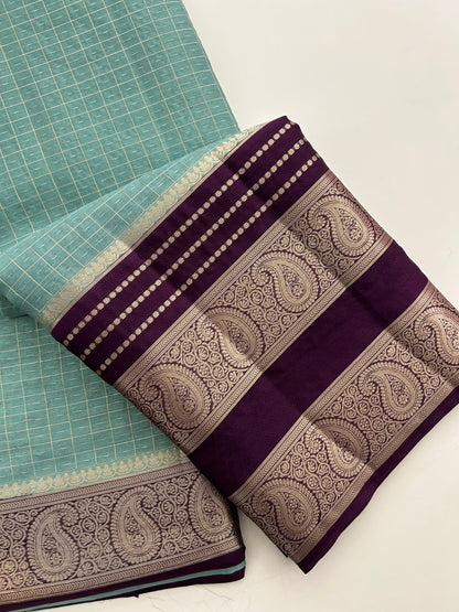 Designer pastel blue & purple combination soft cotton saree with bentex border-DC712