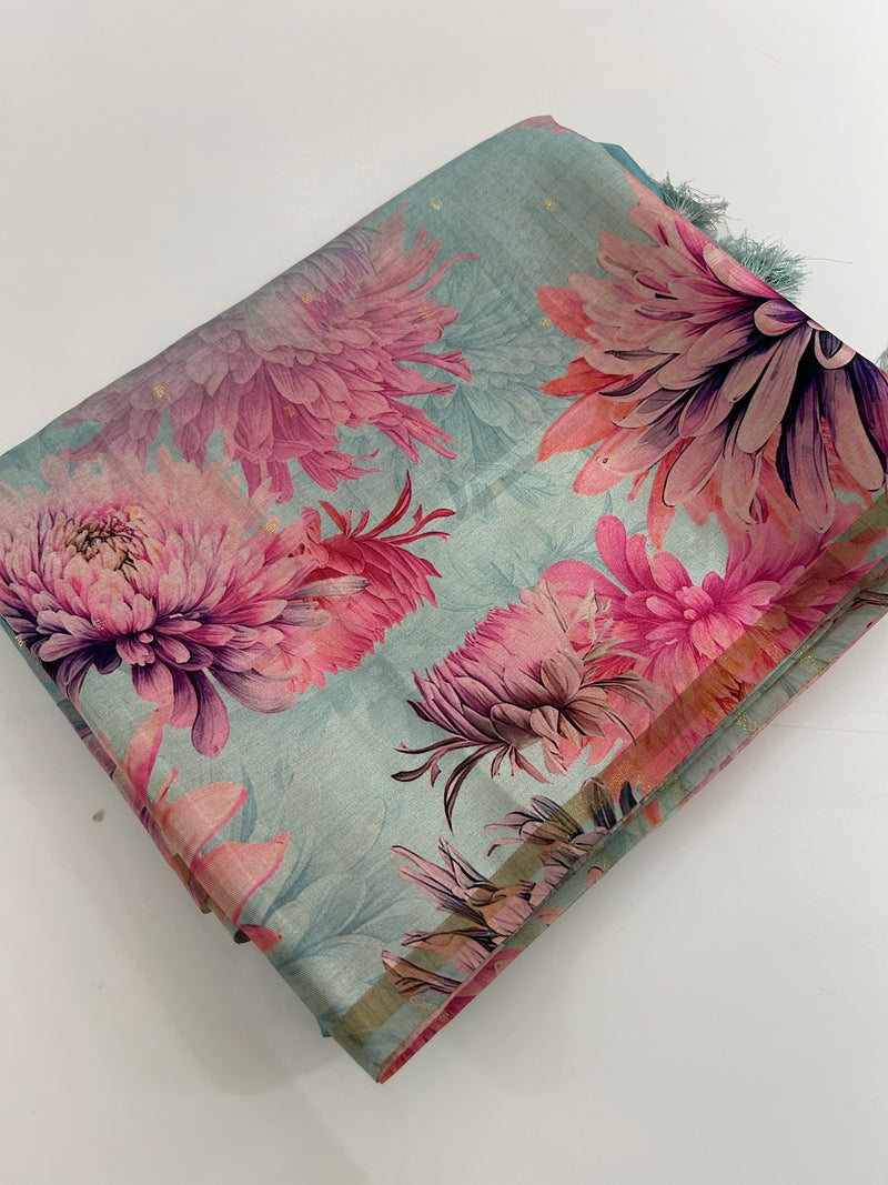 Digital floral Printed Tussar Saree,, contrast butti blouses🌹/- AU12