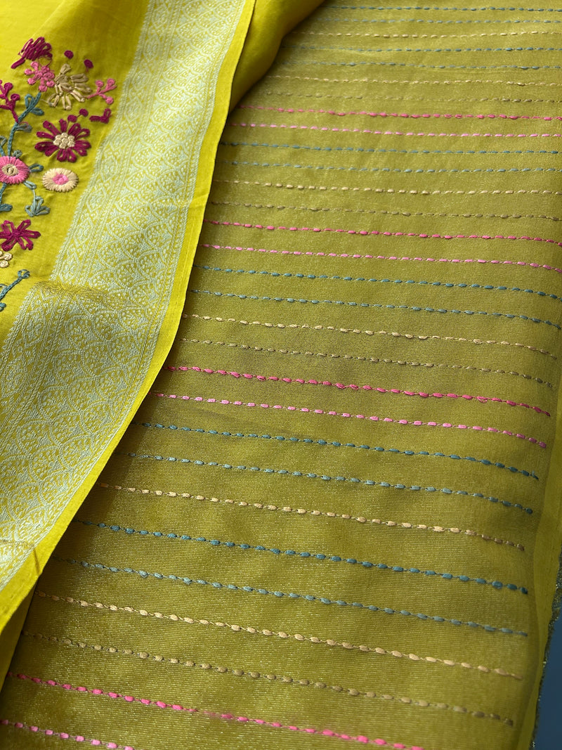 Katha And Jari Border Embroidery Sarees,, Fabric-Crepe Tussar,, Katha Style Blouse Piece🌹-JU30