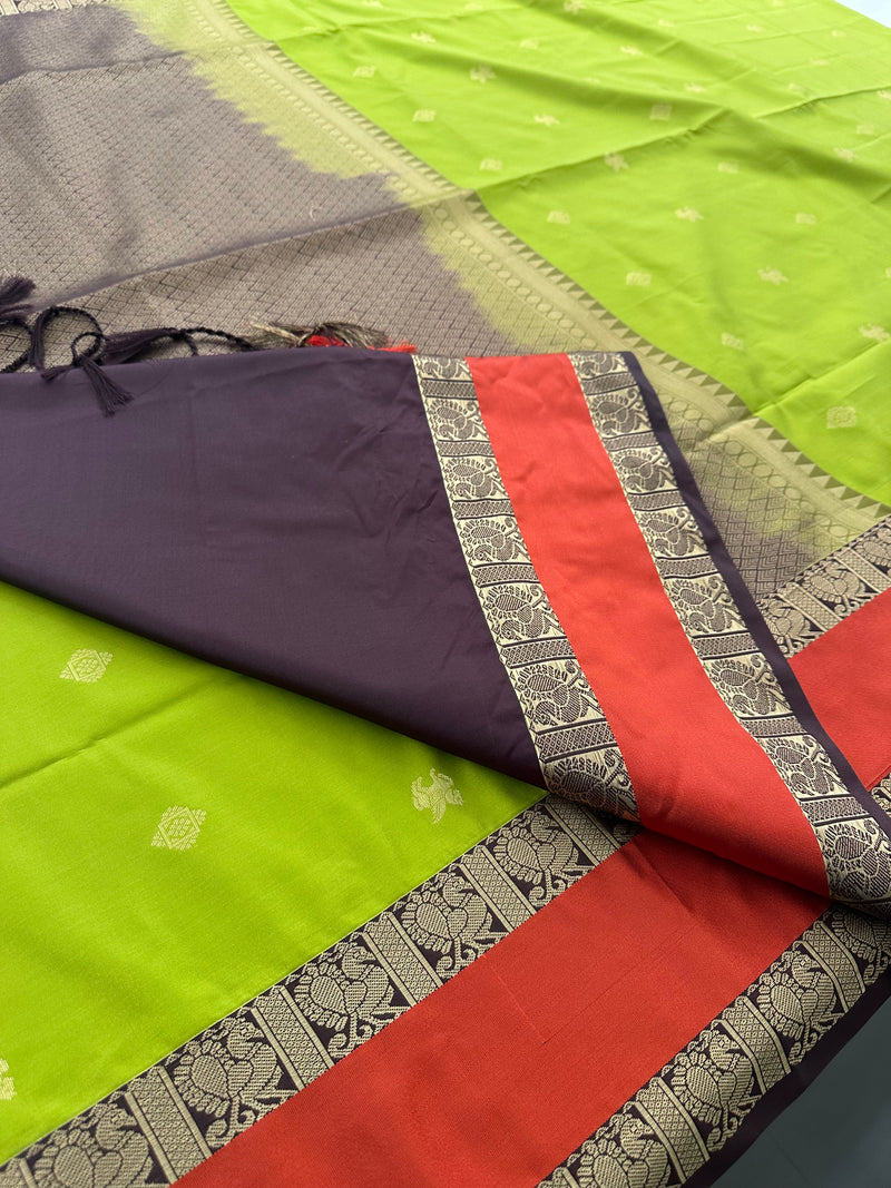 🌹4 shades of semi kanchi soft silk sarees in beautiful combinations in contrast blouse🌹