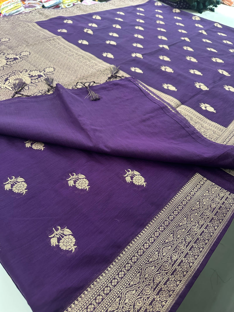 Venkatagiri fancy soft Linen Cotton sarees with self blouse and fancy Border and Butties all over🌹 - AU12