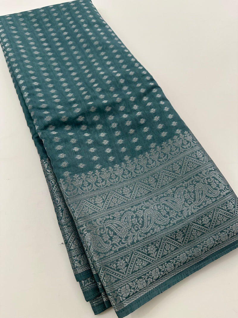 Silver 1000 Butties Fancy Saree,, comes with rich silver pallu and silver brocade style blouse pice🌹-AU13