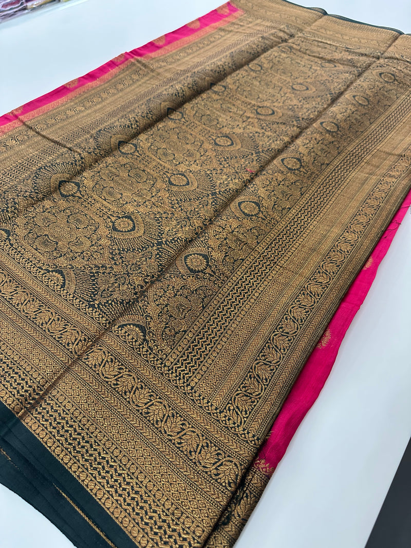 Rani Pink x Green Tussar Cotton Saree with Double Leaf Butta All Over JU24