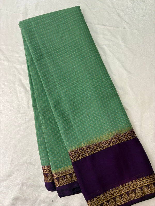 JU22 Pista Green Checks Crepe Saree with Purple Contrast Border Blouse