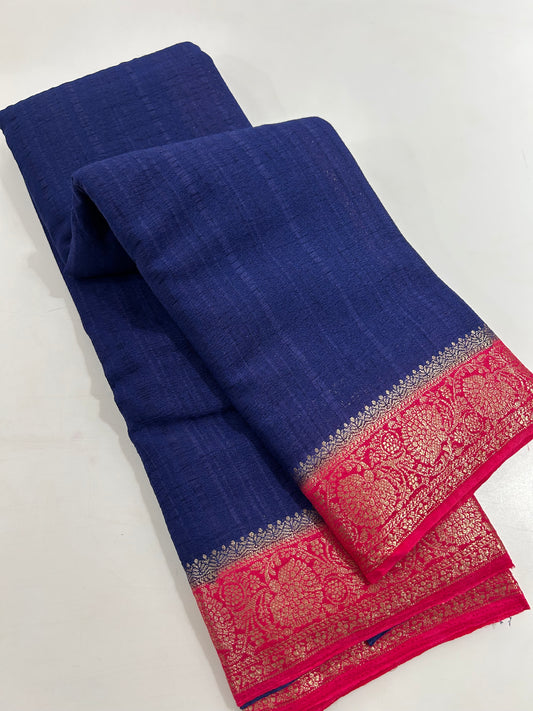 Navy blue X red plain crush Georgette saree with contrast combination-DC16