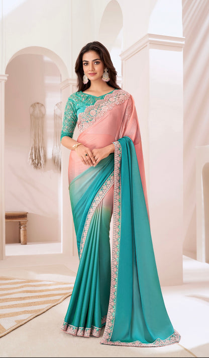 Turquoise  & Baby Pink Chiffon Georgette Designer Party Wear Saree-TFH SW 1311