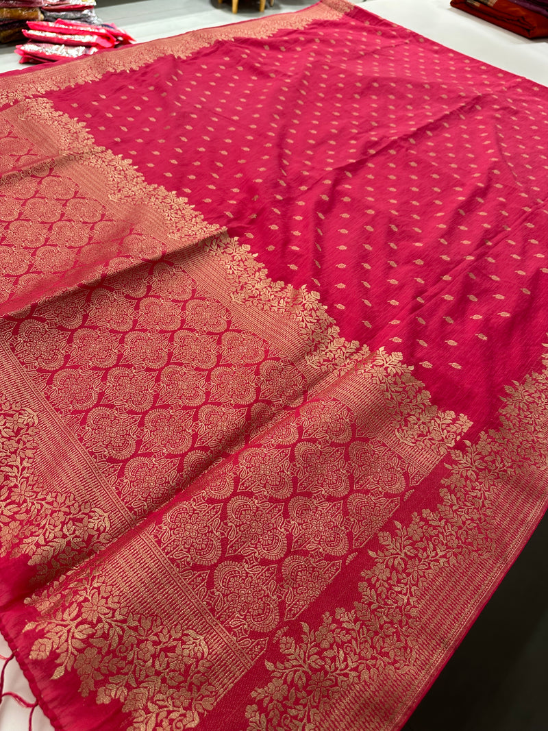 Venkatagiri fancy soft Linen Cotton sarees with self blouse and fancy Border and Butties all over 🌹-AU9
