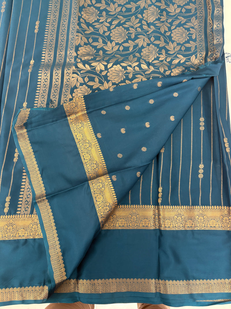 PEACOCK BLUE STRIPE SEMI CREPE SILK SAREE-J17