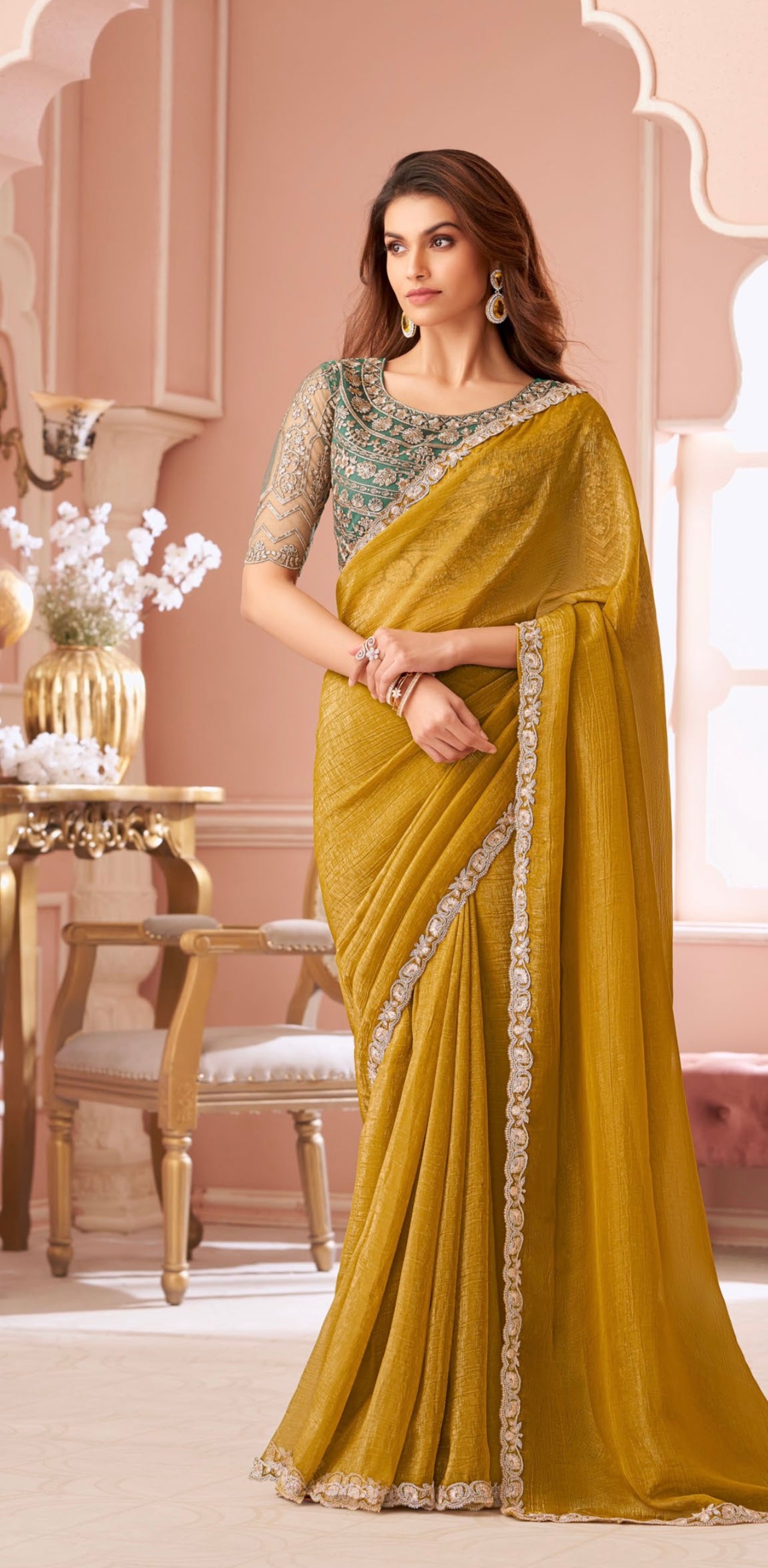 Mustard Yellow Chiffon Georgette Designer Party Wear Saree-TFH SLS 8002