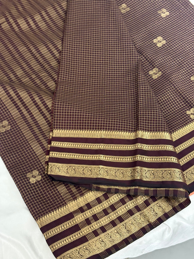 Brown Semi Mysore Silk Checks Saree with Butta - AU13
