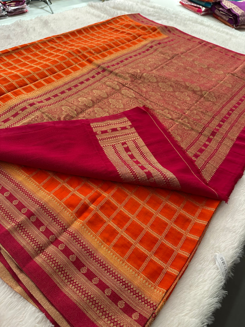 Premium Georgette Sarees In Checks Zari and Small Border with Contrast Blouse Piece 🌹-JU18