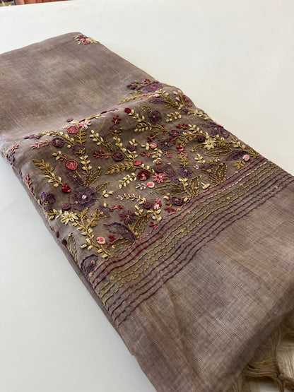 Designer linen  saree full embroidery