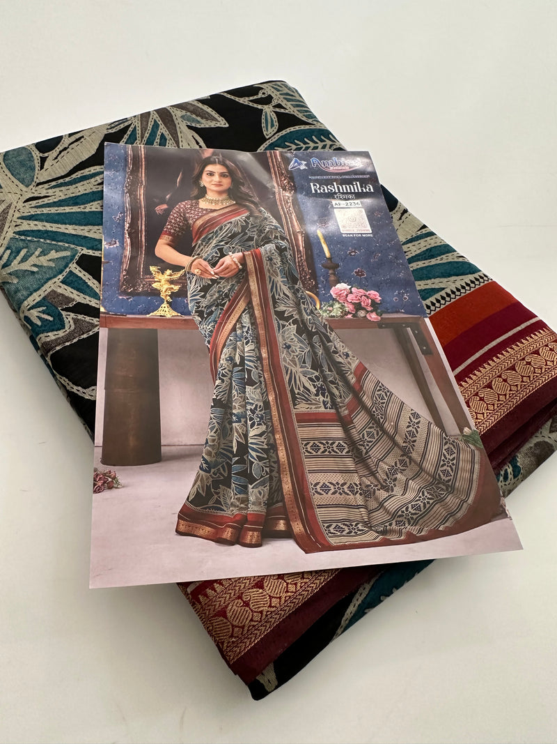 Soft Lightweight Printed Cotton Saree - Black Floral Design - AU27