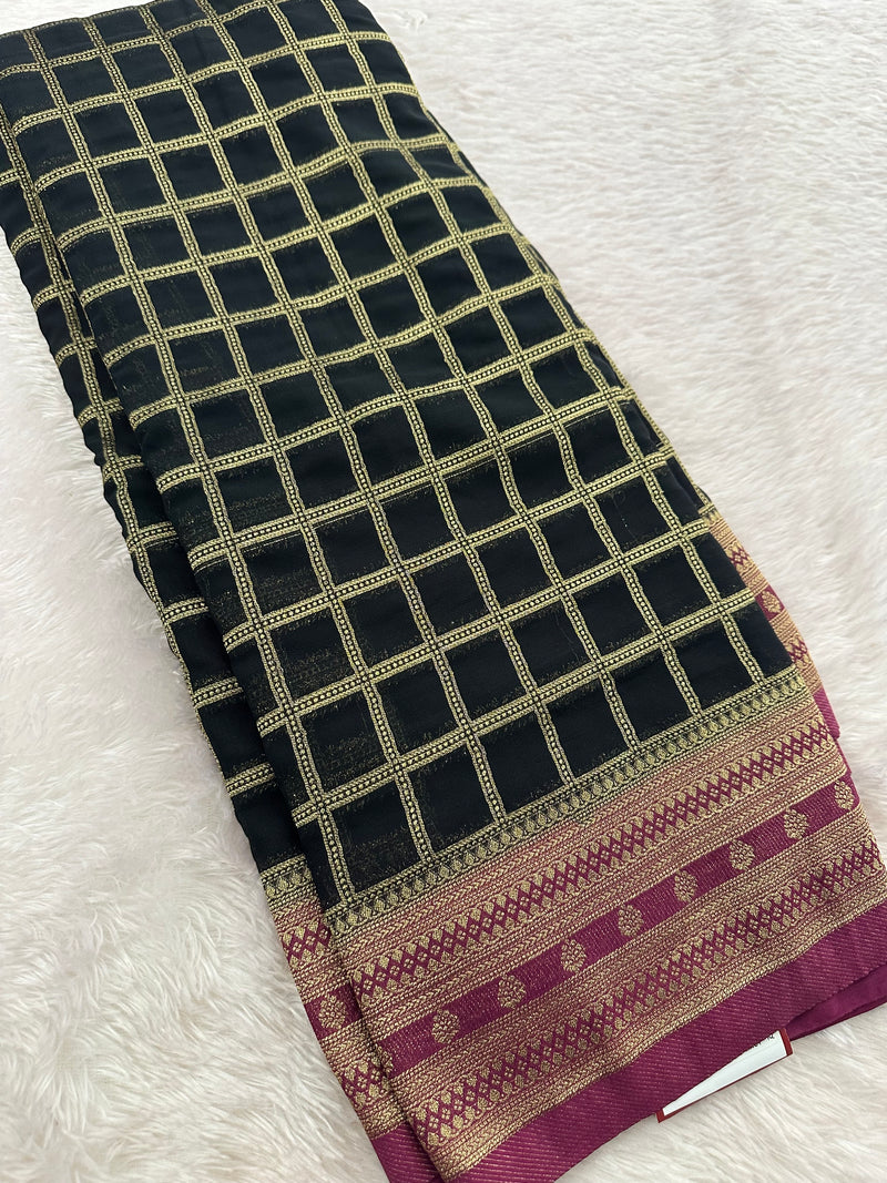 Premium Georgette Sarees In Checks Zari and Small Border with Contrast Blouse Piece 🌹-JU18
