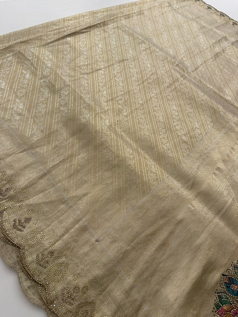 🌹Gold Banarsi Soft Tissue Silk Saree on Stone work Pallu and scallop border 🌹 JU27
