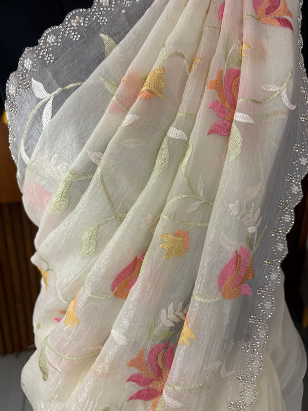 Creamy White Chiffon Designer Saree with Floral Embroidery and Stone Work Blouse JU24