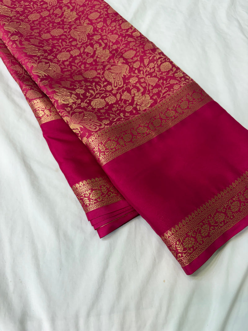 Rani Pink Premium Mysore Silk Saree with Kalamkari Floral Brocade AU10