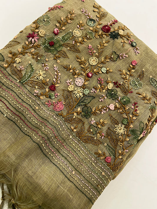 Linen Embroidery Fancy Saree