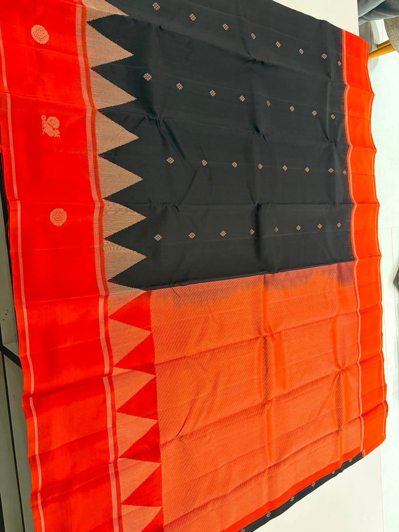 Pure Kanjeevaram Silk Saree Black X Orange