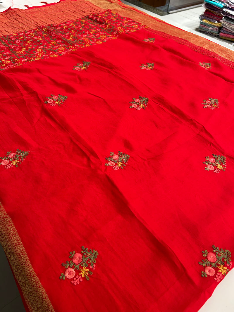 Katha And Jari Border Embroidery Sarees,, Fabric-Crepe Tussar,, Katha Style Blouse Piece🌹-JU30