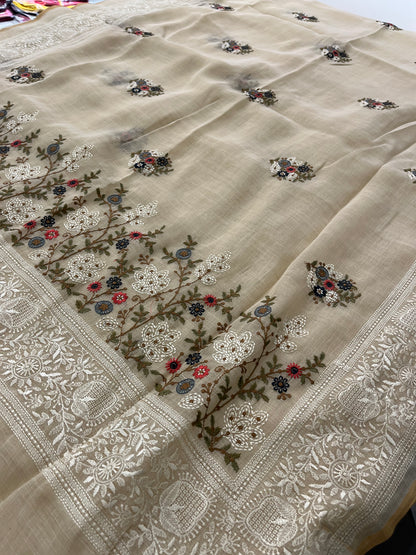 Linen embroidery fancy saree