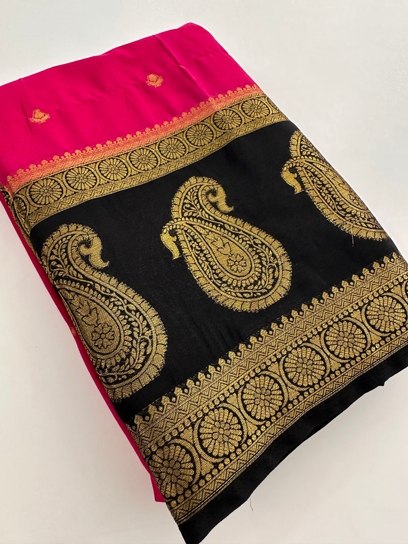 Vintage Semi Crepe Silk Saree with contrast butti blouse and mango border-Au15