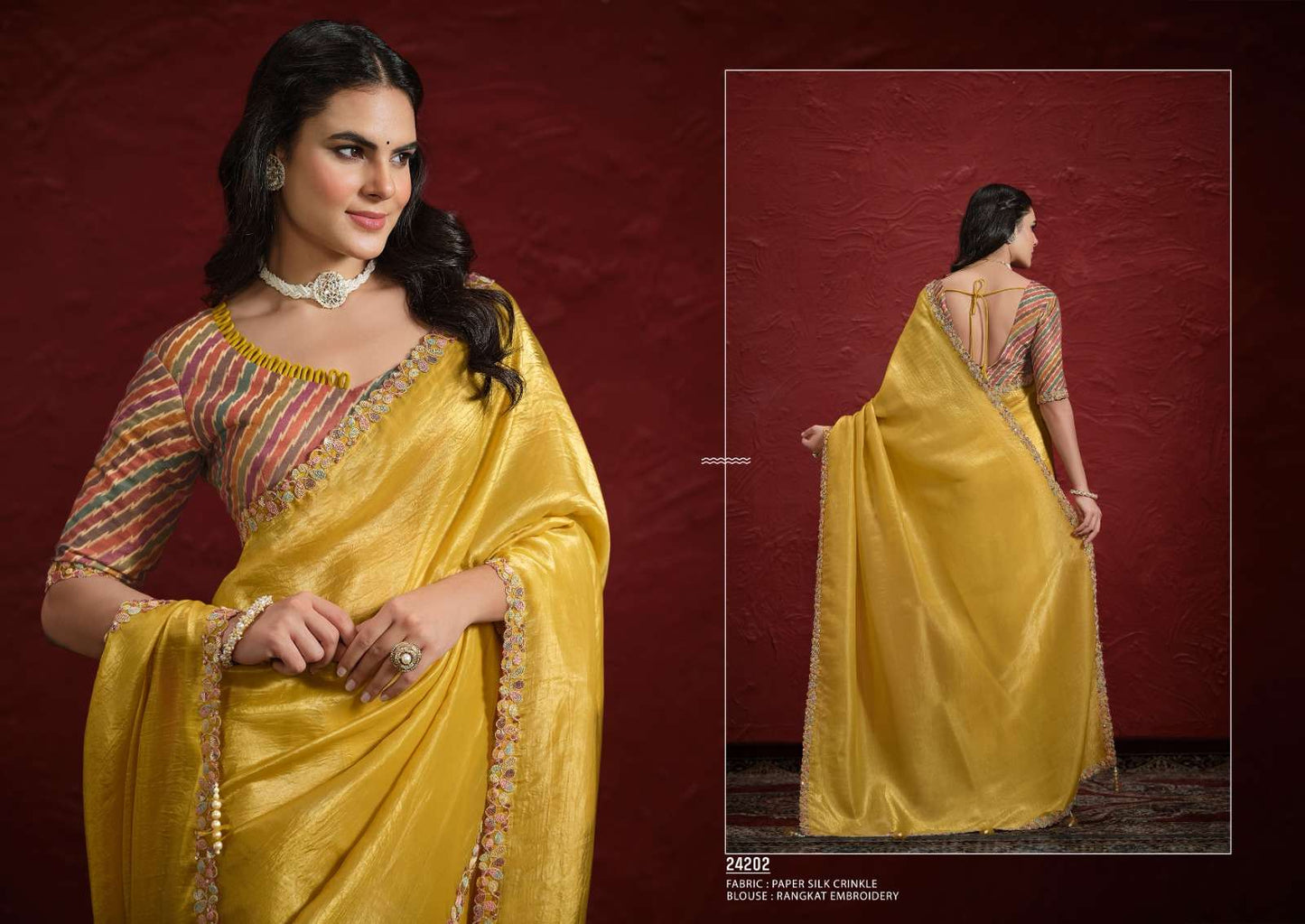 Golden yellow designer crinkle saree-DC16