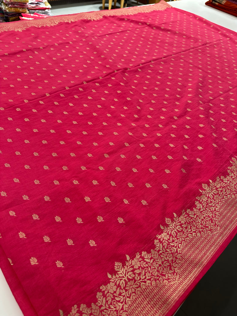 Venkatagiri fancy soft Linen Cotton sarees with self blouse and fancy Border and Butties all over 🌹-AU9