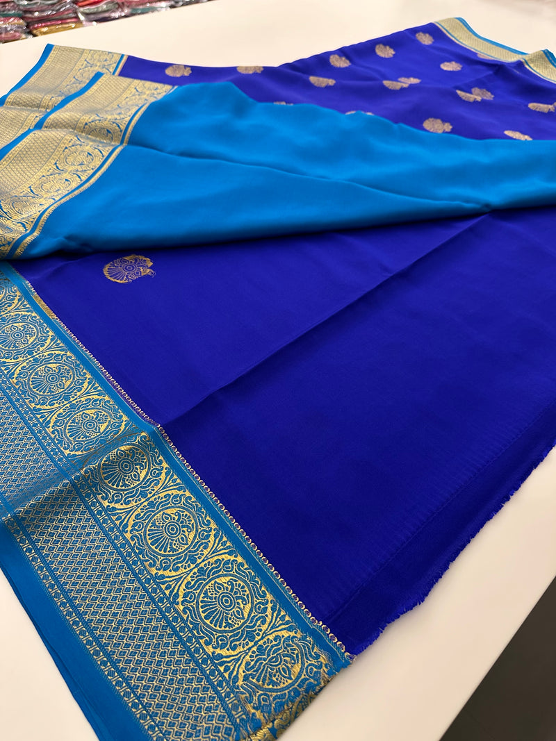 Royal Blue Garuda Pattern Pure Mysore Silk Saree - AU10