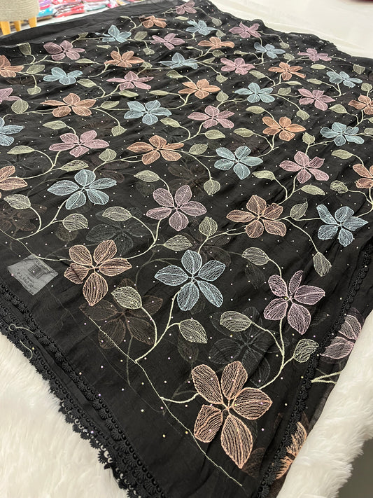 Black Floral Soft Organza Saree-F4
