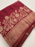 Peach Designer Chinnon Silk Saree – Floral Design AU24