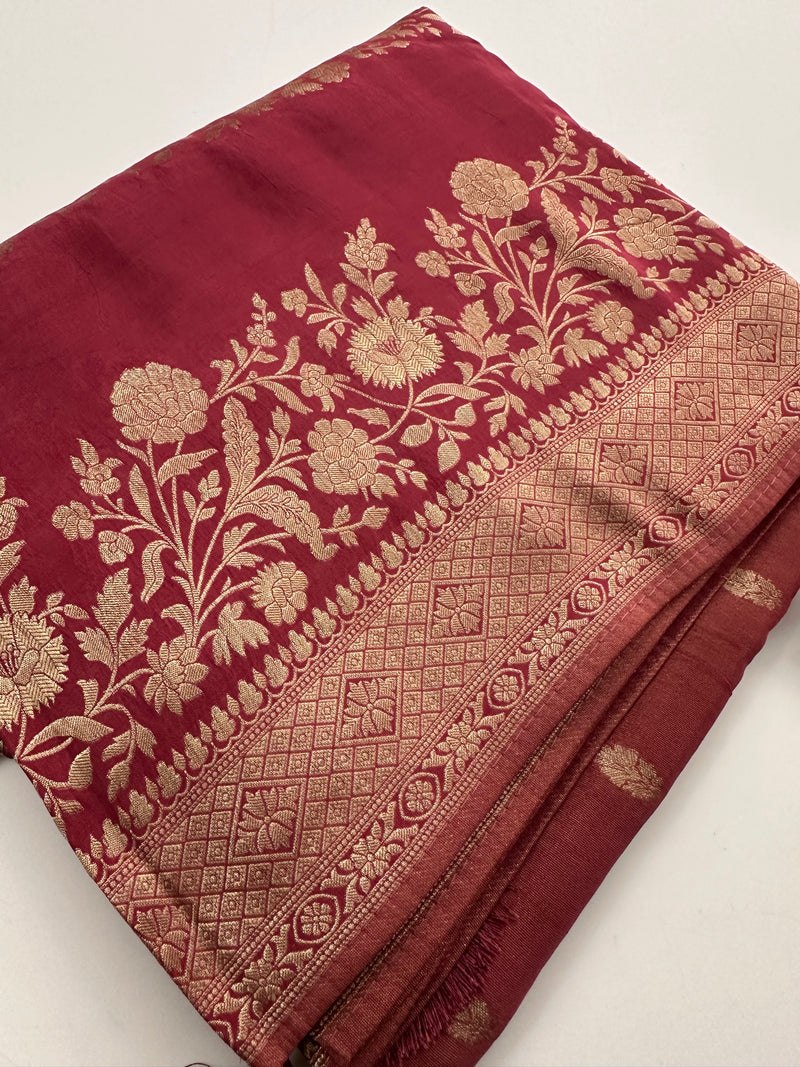 Peach Designer Chinnon Silk Saree – Floral Design AU24