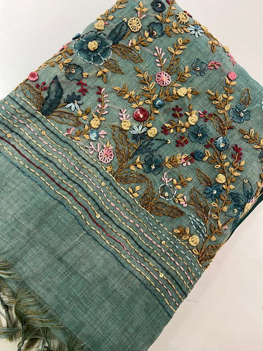 Linen Embroidery Fancy Saree