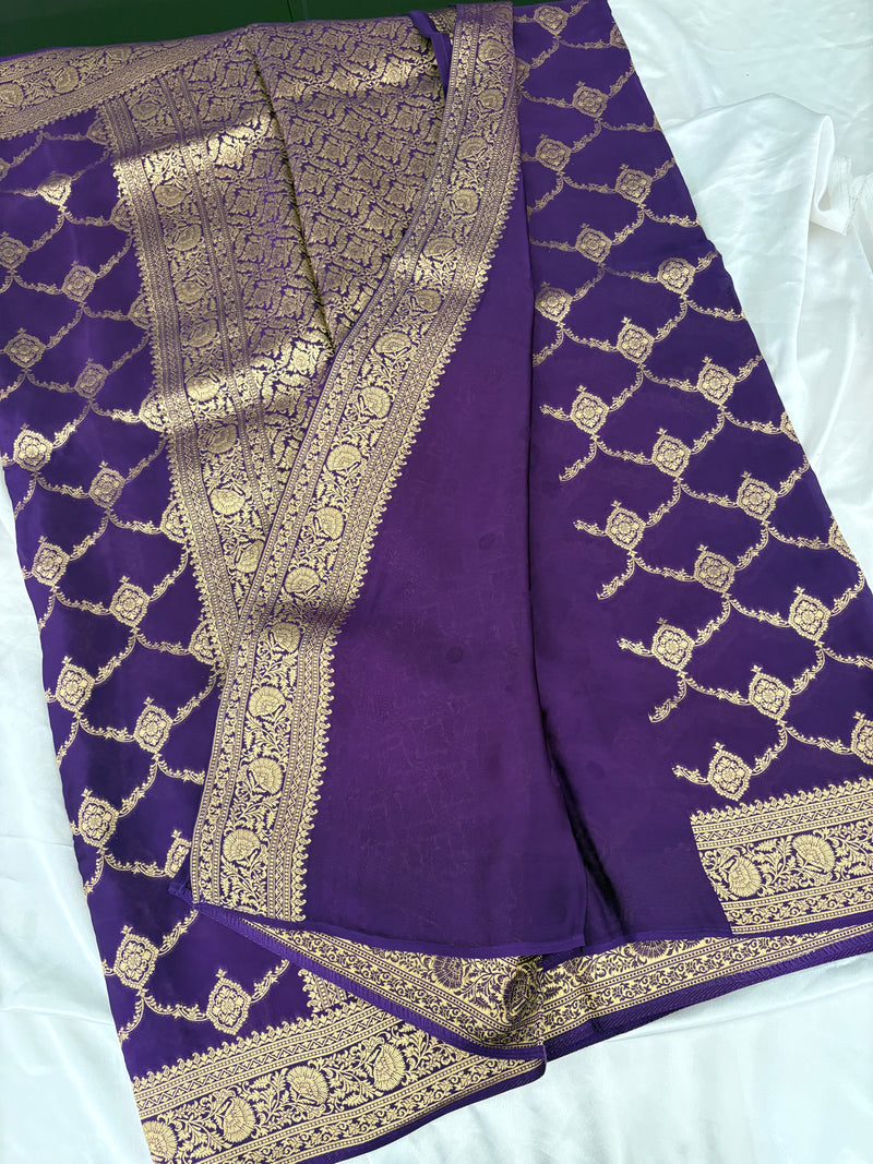 Purple Satin Kora Banaras Saree with Rich Gold Zari Jaal All Over JU23