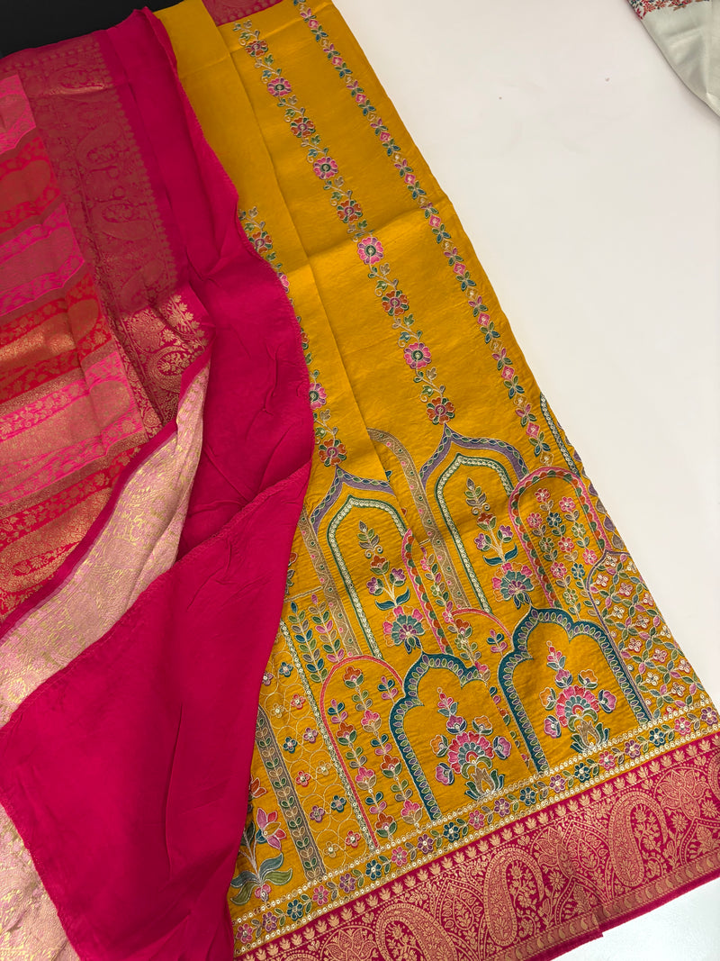 JU17 - Mustard Yellow Pashmina Designer Saree with Aari Work & Pink Zari Border