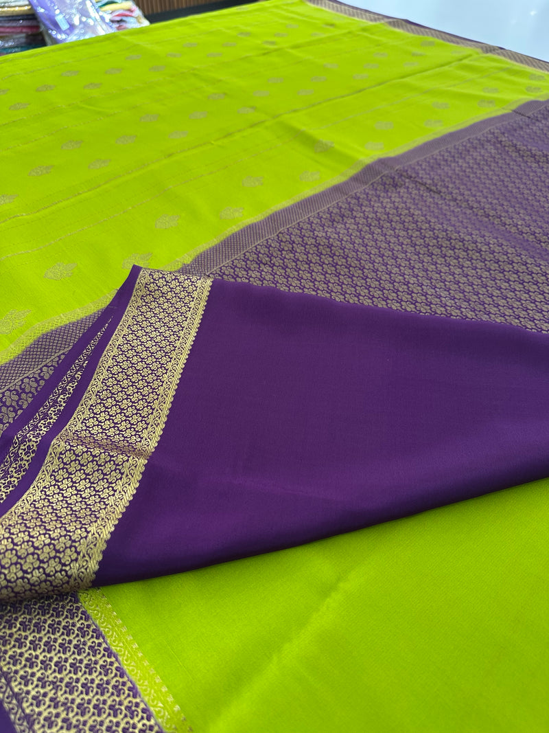 Olive Mustard x Navy Purple 120 GSM Mysore Crepe Silk Saree - AU8