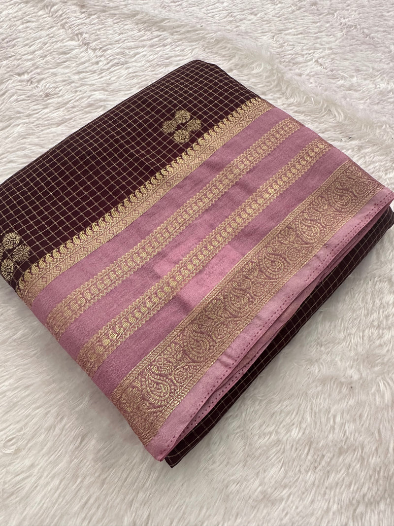 Semi Crepe Checks Saree - Brown x Pink AU25