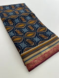 Soft Lightweight Printed Cotton Saree - Blue Mustard Yellow Print - AU27